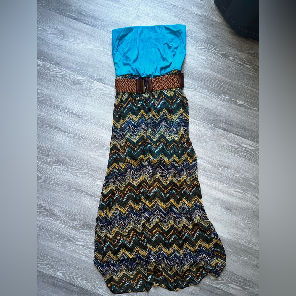 Teal & Chevron Maxi Dress with Brown Woven Belt